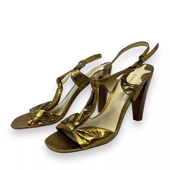 Max Studio Earling Gold Snakeskin Leather Ankle Strep Stacked Heel Size 8M - Picture 1 of 10